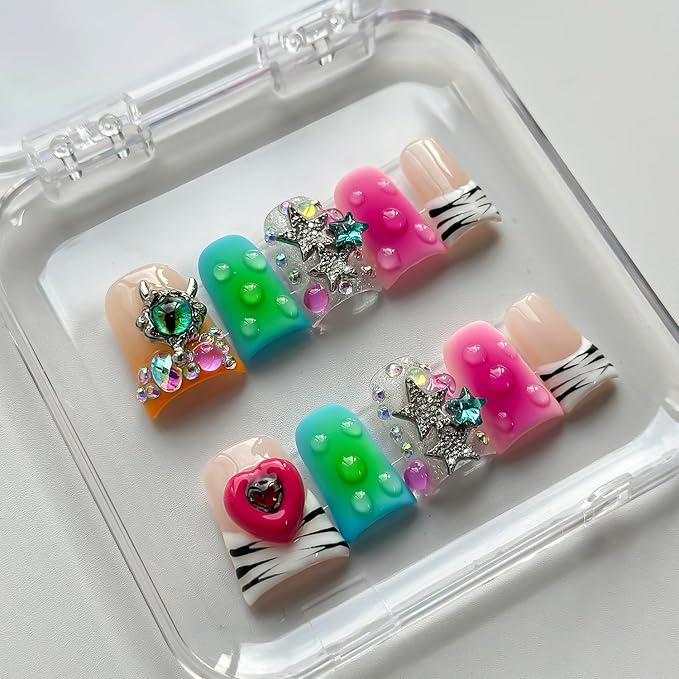 Luxury Press on Nails Short Duck Handmade 3D Unique Reusable ABS Material Fake Nails French Tip Y2k False Nails with Designs Stars Heart Rhinestones Gradient Glossy Glue on Nail Thick Acrylic Nail(M)