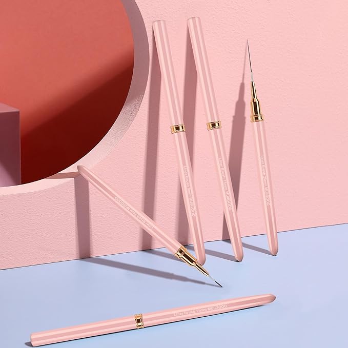 Nail Art Liner Brushes, 5Pcs Liner Brush For Nails, Painting Nail Art Brush Set Dotting Drawing Tool for Long Lines, Thin Details, UV Gel Polish Painting, Fine Drawing 7/9/11/15/25mm(Pink)