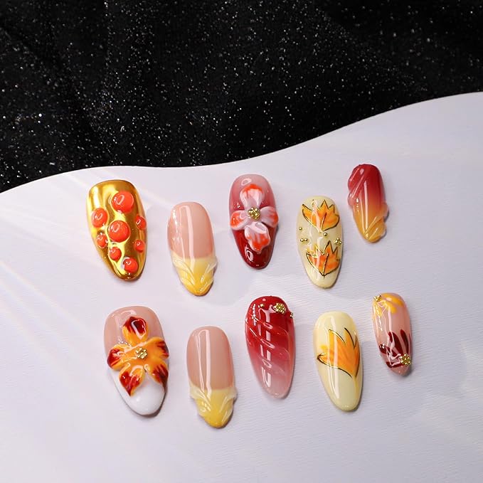 Handmade Press on Nails Fall Medium Almond Fake Nails Yellow Gradient Flower & Autumn Leaves Designs Full Cover Thickened Salon Quality False Nail French Acrylic Nails Stick on Nail for Women（Size M）