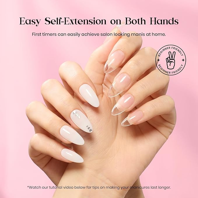 Beetles Nail Kit, 600Pcs Medium Almond Nail Tips with Milky White Gel Polish Top Coat, 15 Sizes Beetles Gel Soft Clear Press on Nails 5 In 1 Nail Glue Valentine Nail Extension Set for Women