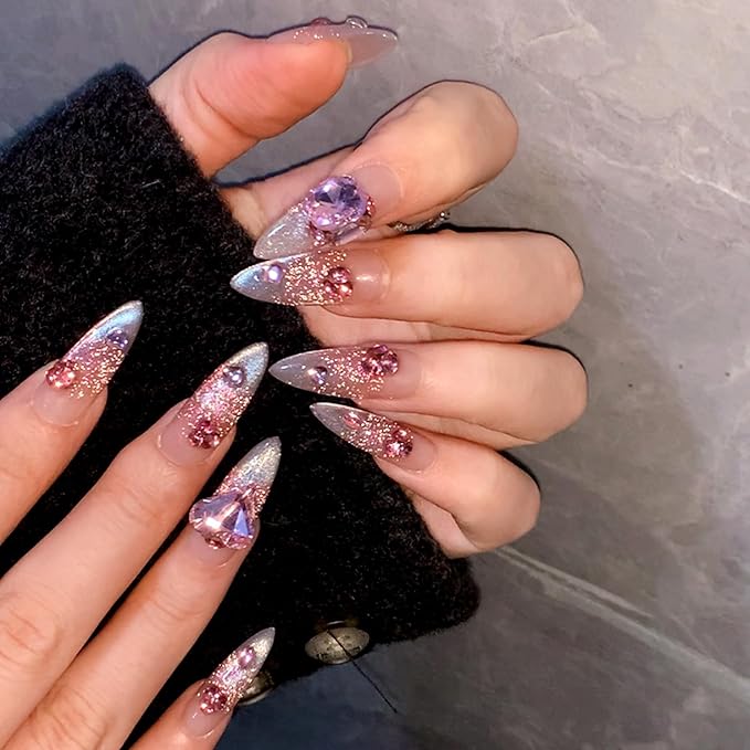 WOMHOPE Press on Nails Handmade Full Cover False Nails with Rhinestone Vintage Flower Aurora Acrylic Nails for Women and Girls 10pcs/Box Long Almond,Coffin (Pink cat's eye, Small)