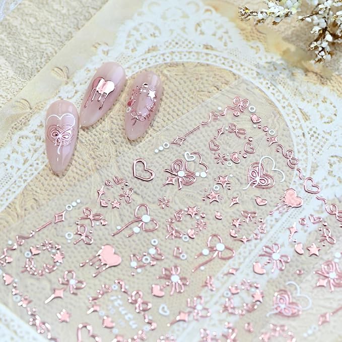 1Pcs 5D Valentines Nail Art Stickers Self Adhesive Rose Gold Bow Nail Decals Embossed Love Heart Nail Stickers Shiny Star Nail Design Sticker Pink Valentines Sticker Cute Nail Supplies Decor for Women