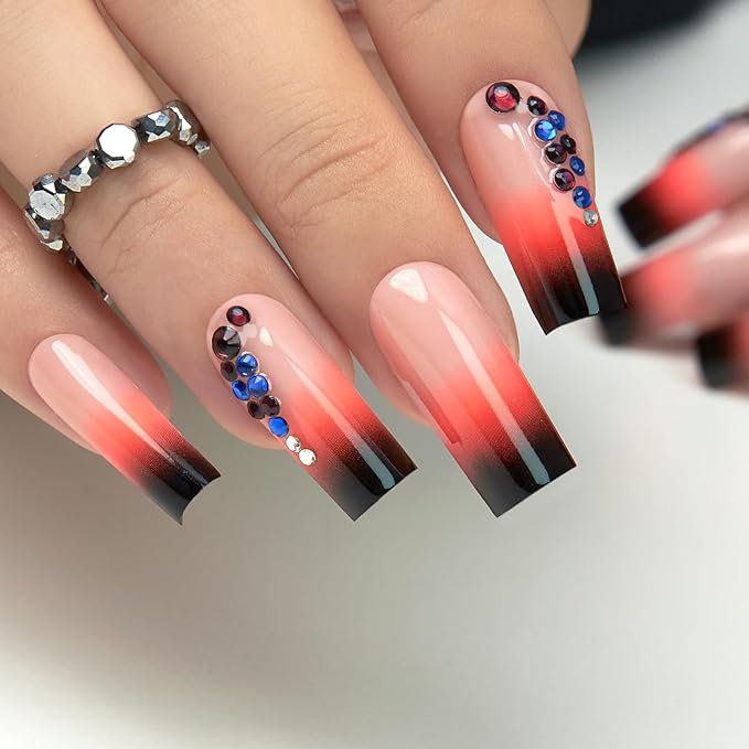 Curvlife Press On Nails – 30PCS Full Cover False Natural Fit Soft Gel Fake Nails Tips, Easy to Apply at Home Glue On False Nails Kit (Ombre Nails with Rhinestones, Long)