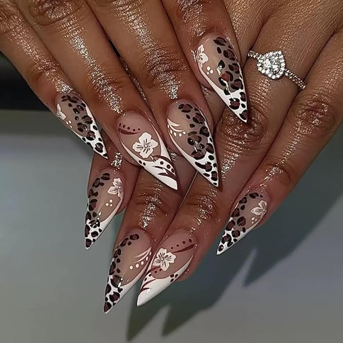 Fall Press on Nails Medium Almond Fake Nails with Leopard Print Design - Flower Full Cover Stick on French Tip False Nails for Women Manicure 24 Pcs