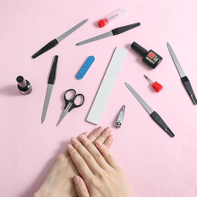 5PCS 6" Finger Nail Files Black Metal Nails File for Natural Nails, Stainless Steel Sword Fingernail Files with Sharp Pointed Tip Non Slip Handle, Diamond Nail Filer for Women Sapphire Grit