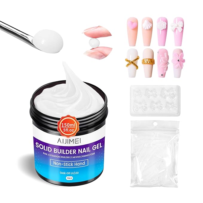 AIJIMEI Solid Nail Builder Gel for Nail Extension 150ml Solid Builder Hard Gel Nail Thickening Solution Non-Stick Hand 3D Sculpture Carving for Nail Art (White, 150ml/5Fl.oz)