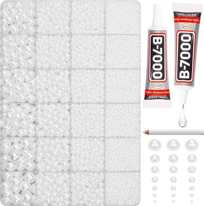 10000Pcs White Flatback Pearls with Glue Kit for Bedazzling Crafts Crafting Shoes Nail Art Decoration, Mixed Sizes 2mm 3mm 4mm 5mm 6mm 8mm 10mm White Half Round Flat Back Pearls Beads Set