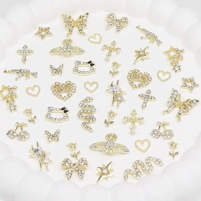 40Pcs Gold Nail Charms Nail Art Rhinestone Gems 3D Sparkling Nails Jewelry for Acrylic Nail Tips Accessories for Women DIY Nail Decorations