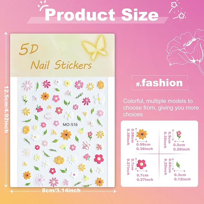 Flower Nail Art Stickers 5D Embossed Nail Decals for Nails Art Design Self-Adhesive Spring Summer Daisy Floral Leaf Plant Nail Accessories for Women Manicure DIY Art Decoration 6 Sheets YX1226