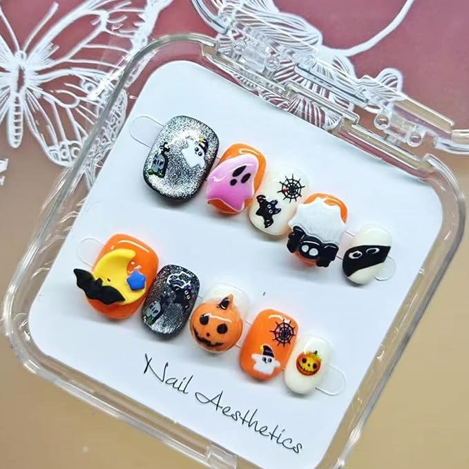 Handmade Press on Nails Short Square Fake Nails with Design Handmade Cute Cartoon Ghost Pumpkin Bat Glue on Nail Glitter False Nails Full Cover Thick Acrylic Halloween Nail for Women（Size S)