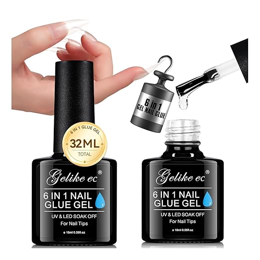 Gelike EC UV Nail Glue Gel: 32ML 6 in 1 Strong Glue Nail for Extension Home DIY Clear UV Cure Adhesive for Acrylic Nails & Press On Nails Tips 12 Toxic-Free