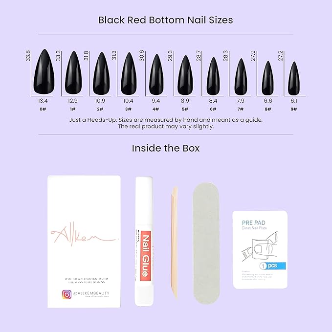 Allkem Press On Nails - Black Red Bottoms Glossy Extra Long Sculpted Stiletto 2 Set Bundle | 10 sizes - 20 pcs Nail kit with Glue
