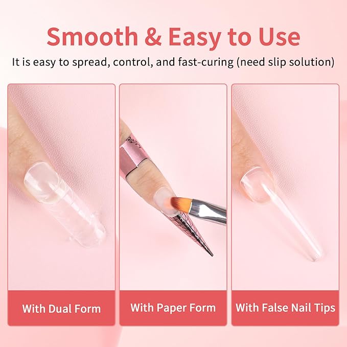 BQAN Poly Nail Gel, 2 Jelly Colors Poly Extension Gel (30ml) with Slip Solution & Brush | Non-Lifting Low Odor | for Nail Builder Pro Salon & Home DIY - Jelly Light Pink, 1 Oz/Pack (Pack of 2)
