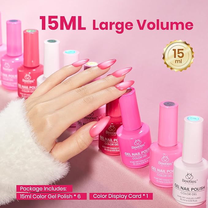 beetles Valentines Pink Gel Polish Set - Romance in Air Collection, 15Ml Bright Neon Light Hot Pink Spring Colors Soak Off Gel Polish Kit Nail Art Manicure Salon DIY at Home