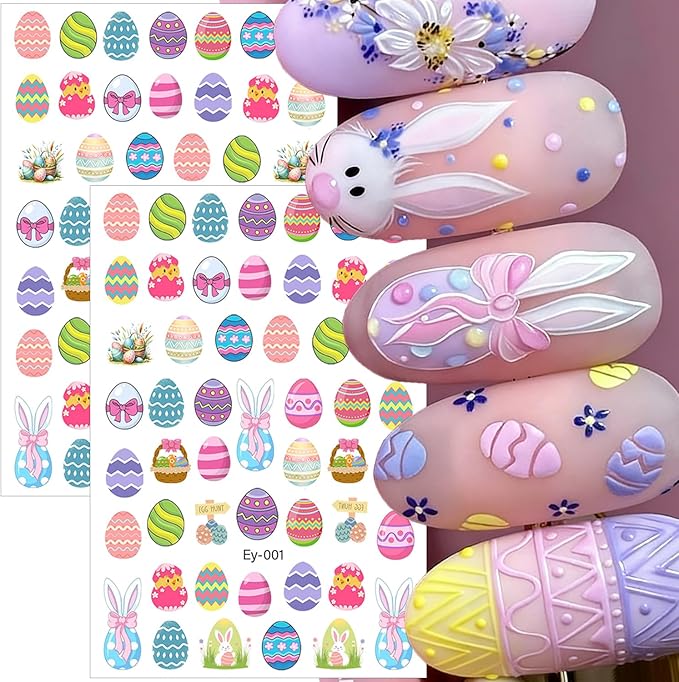 6 Sheets Easter Nail Stickers Cute Flower Carrot Chick Rabbits Nail Art Stickers 3D Self-Adhesive Easter Egg Nail Decals Cartoon Bunny Nail Design Supplies for Women DIY Holiday Nail Art