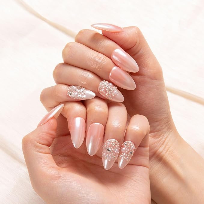 LOVFUL Press on Nails Dream Wedding | Handmade with Full Covered Crystals | Reusable Fake Nails | Almond Regular 1.0 in | H76-L