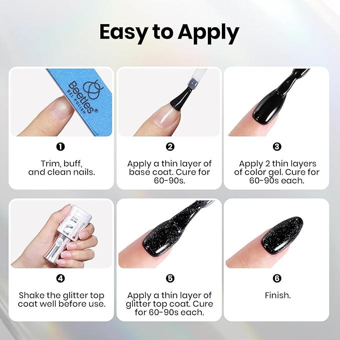 Beetles Gel Polish Glitter Top Coat 15ml, Stay Shining No Wipe Reflective Silver Mix Glitter Shiny Clear Gel Nail Polish Long Lasting High Gloss UV Lamp Nail Art Design Manicure Gifts for Women