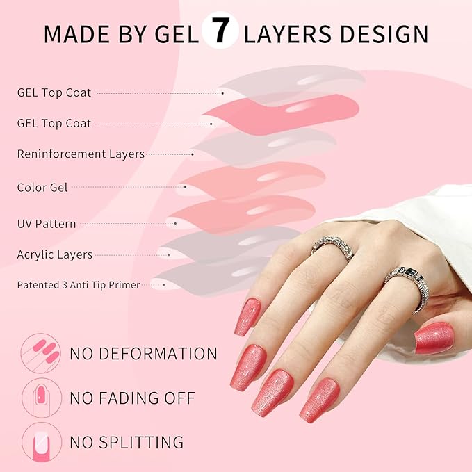 Skycloud Red Cat Eyes Press On Nails: 24-Pcs Soft Gel Medium Coffin Nails Kit, 12 Sizes, Reusable Stick Nails