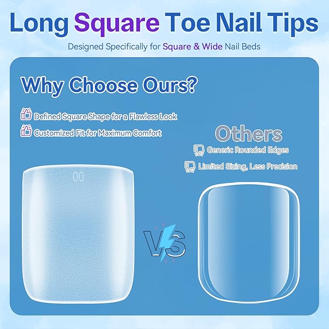 Thickening Toe Nail Tips, Square Full Cover for Wide Long Nail Beds, Matte Pre-shaped Press on Toenails for Women Extensions Home DIY Nail Salon 300PCS 15Sizes