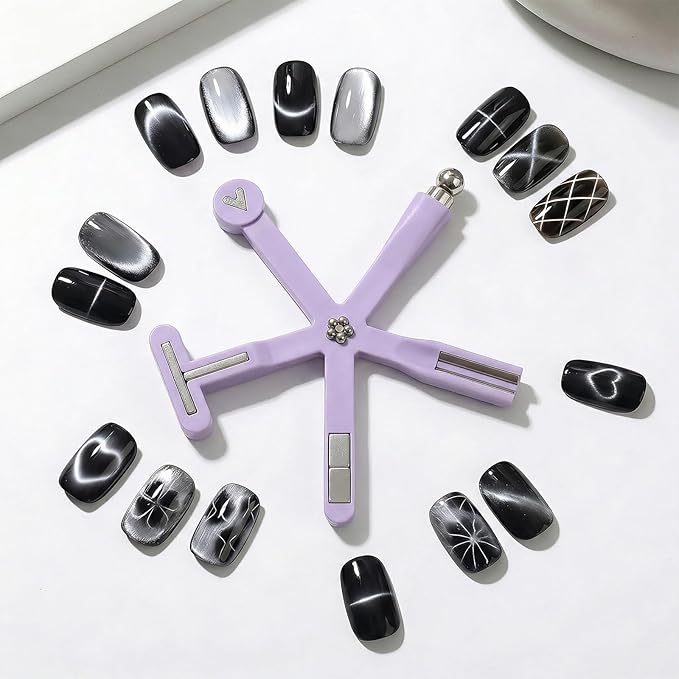 8 in 1 Cat Eye Magnet, Nail Magnets for Cat Eye Gel Polish, Cat Eye Tools for Nails with Steel Ball, Multifunctional Nail Magnet for Nail Salon Home DIY (Purple)