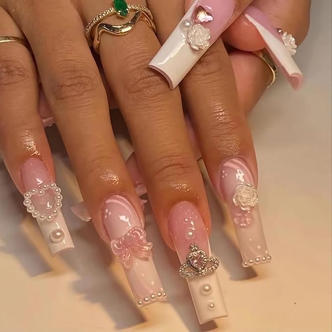 Press on Nails Long Pink False Nails Inlaid with Heart-Shaped Pearls, White Roses, Bows, and Crowns Showing The Noble Temperament of Women Girls' Fake Nails - 24 pieces (with Free Tool Kit)