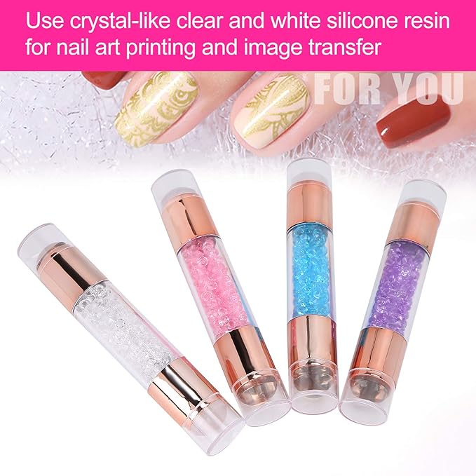 Manicure Stamping Plates , Fashionable 4Sets Double Ended Pen Colorful Rhinestones Clear Printing Scraper Nail Stamper Kit for Home for Salon