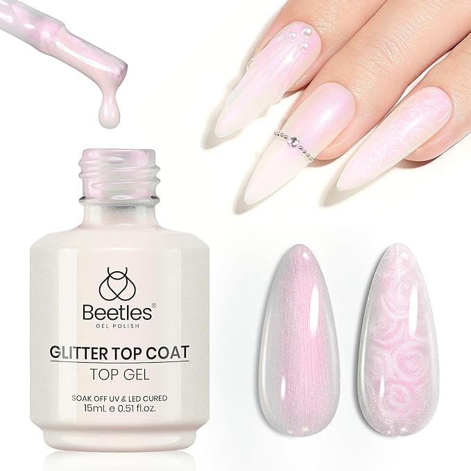 beetles Gel Polish 2 In 1 Pearlescent Glitter Gel Top Coat Pearl Nail Polish Glossy Shiny No Wipe Top Coat Soak Off UV Led Long Lasting Highly Shine Manicure Gifts for Women