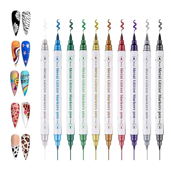 10 Colors Dual-Tip Nail Art Pens, Soft Brush & Fine Liner Design for Shading, Outlining & Detailed Nail Drawing, Quick-Dry Nail Art Pens for DIY Manicure, Gel Nails & Acrylic Nails