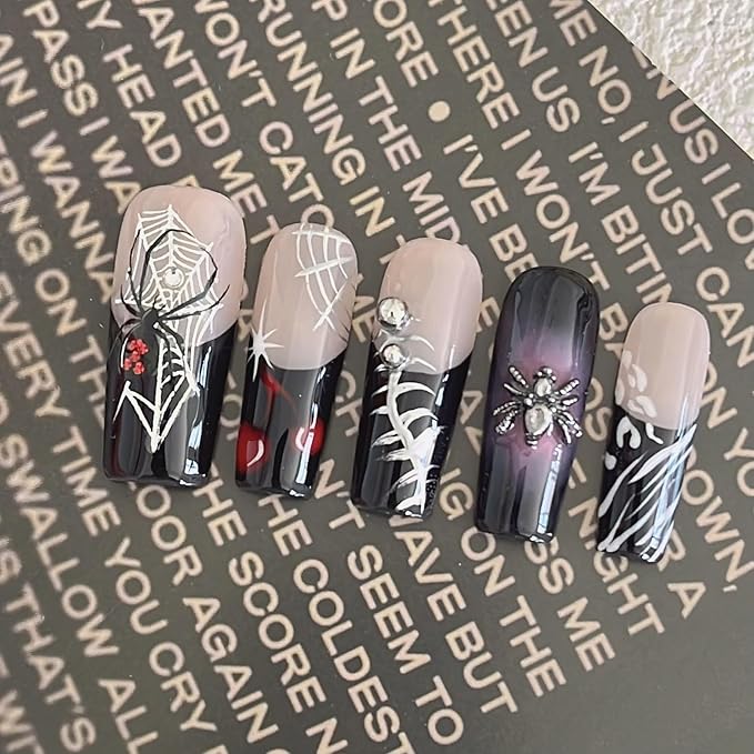 Handmade Press on Nails Spider Web & Spider with Designs Full Covered Halloween Fake Nail Black French Tip Long Square Stick on Nail Full Cover Reusable ABS Material Halloween Nails for Women (S)