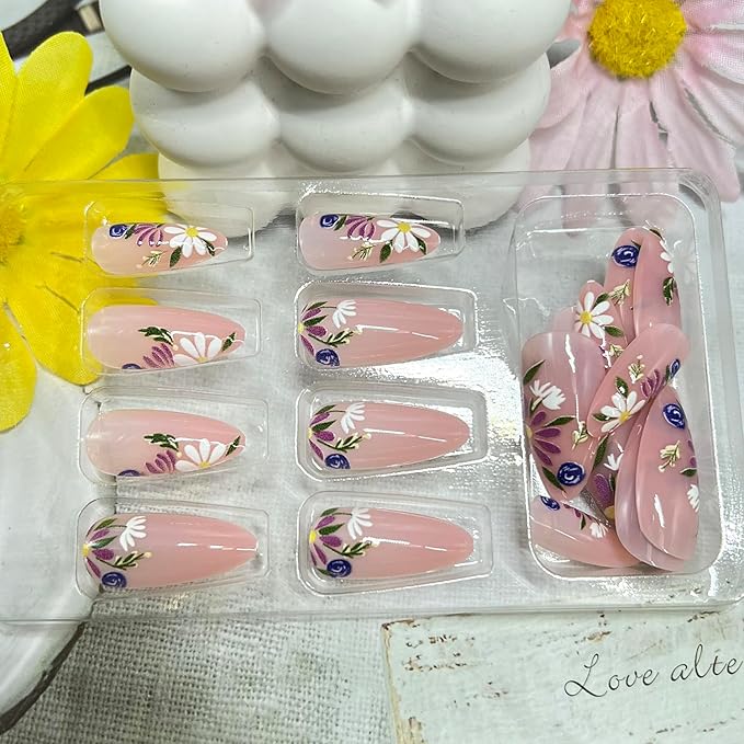 Flower Press on Nails Medium Almond Fake Nails with Daisy Designs Spring False Nail Full Cover Glossy Artificial Fingernails Floral Stick on Nail for Women 24Pcs