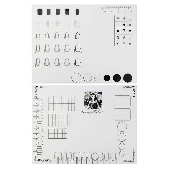 Segbeauty 2pcs Silicone Nail Mats, 16" Silicone DIY Nail Art Stamping Mats, Workspace Stamping Manicure Mat, Nail Polish Coloring Practice Pad, Nail Sticker Trainer Guide Table Cover Palette Tool