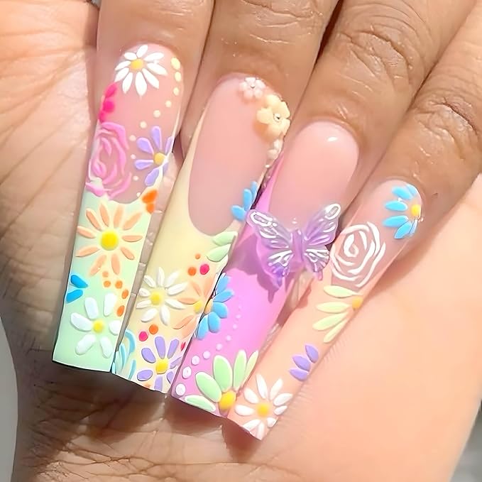 Extra long Press on Nails Xl Square Fake Nails French Tip Nails Press ons Glue on Nail wtih Flower Design False Nails 3D Butterfly Acrylic Spring Summer Artificial Nail for Women and Girls