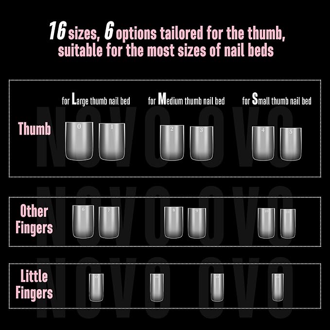NOVO OVO Sharp Square Short Nail Tips Press on, Natural (Not Sculpted) No C Curve Soft Gel Double Matte Clear Fake Nail Extension, Full Cover False Nails for Salon DIY Manicure x 15 Sizes 240 pcs