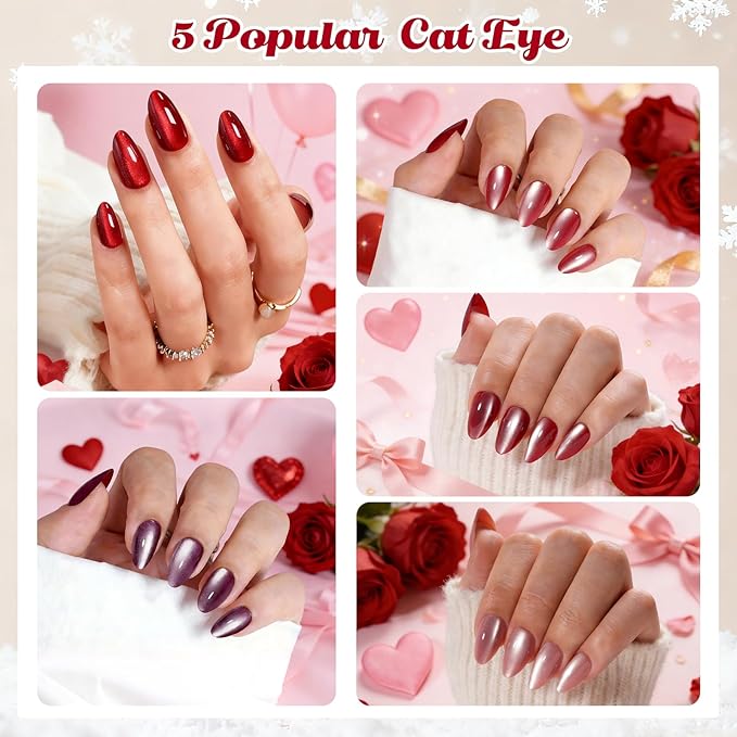 160Pcs Cat Eye Press on Nails Short Almond, 5 Colors Red Pink Magnetic Fake Nails, Salon Quality Soft Gel Glue on Nails with 16 Sizes, Shimmer Velvet Full Cover False Nails Kit for Women