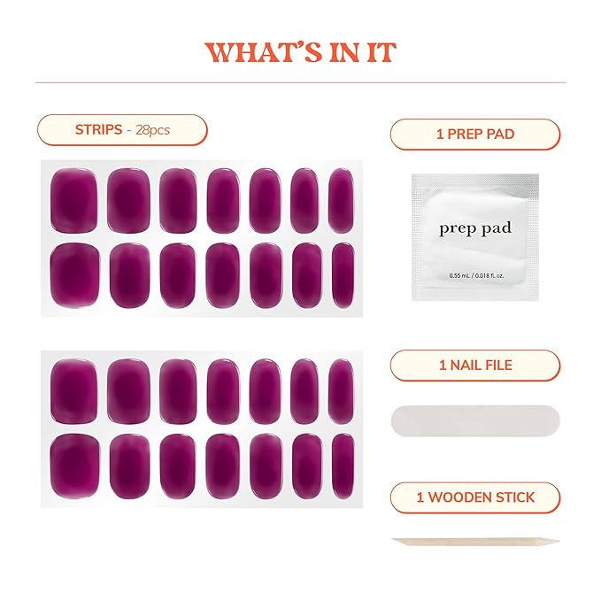 Heyhae Semi Cured Gel Nail Strips | No LED Lamp Needed | Fall, Jelly, Purple | Easy Apply & Remove, Salon Quality | Includes 28 Strips, 1 Prep Pads, Nail File & Wooden stick - Hey, Berry Bold