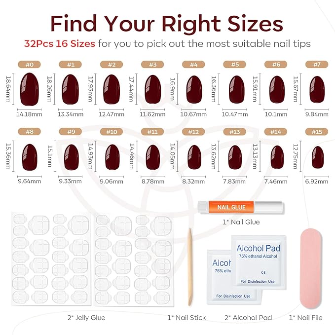 modelones Dark Red Short Press On Nails, Oval Fake Nails with Nail Glue, Adhesive Tabs, Nail File, Prep Pad, Manicure Stick, 32Pcs 16 Sizes, Cherry, Spring Women Girl Gift