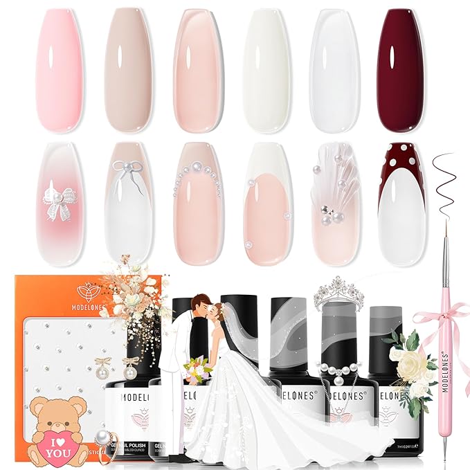 Modelones Gel Nail Polish Set -6 Colors Nude Pink White Gel Polish Kit Skin Tones Brown Milky White French Jelly Nail Gel Polish Nail Art Salon DIY Gift with Pearl Stickers & Nail Dotting-Liner Brush