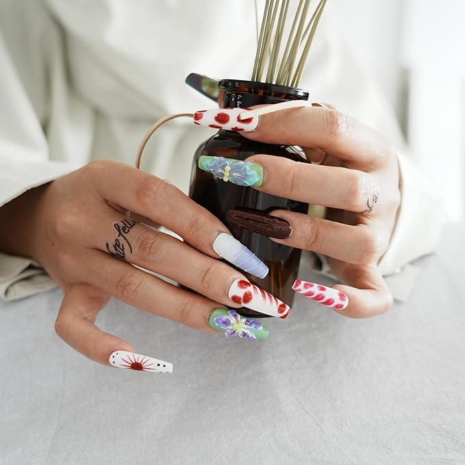 Long Coffin Press On Nails with 3D Floral Design - Summer Multicolor Thick Luxury False Nails Reusable Acrylic Nails (Summer Stories,M)