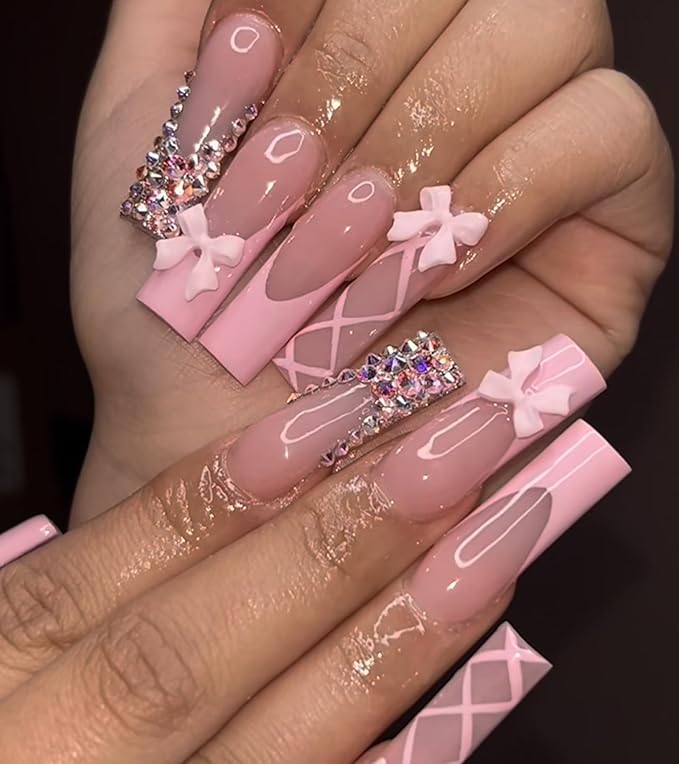 Press on Nails Square - Extra Long Fake Nails with 3D Rhinestones Bows, Pink French Tips False Nail with Glue Sticker, Stick On Nails for Women, 12 Sizes - 24 Nail Kit, Blush Whisper