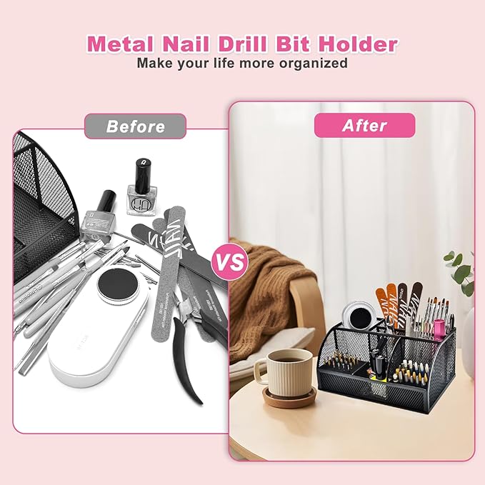 CGBE Nail Drill Bits Holder: 60 Holes Professional Drill Bit Holder for Nails - Mesh Metal Nail Tools Organizer Display Case - Nail Desk Organizer for Nail Tech - Black (Not Included Nail Drill)