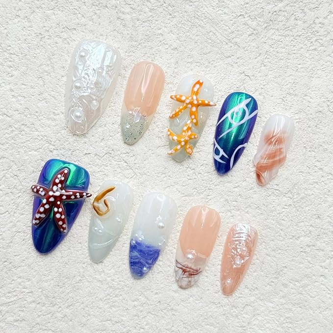 Medium Almond Thick Press on Nails Handmade Nails with Glue,Reusable Ocean Nails Sea Star Conch Designs Fake Nails Nude Pink Acrylic Nails Nature Stick on Nail False Nails for Wome (Size M)