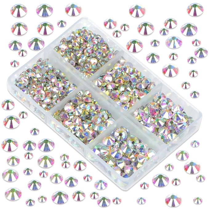 LPBeads 6000 Pieces Clear AB Non Hotfix Rhinestones 6 Sizes Round Crystal Glass Flat Back Rhinestones with Tweezers and Picking Pen for Nail Art Crafts Clothes Bags DIY