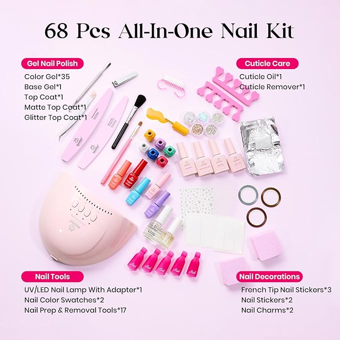 Beetles Gel Nail Polish Kit with U V Light -35 Colors Valentines Gel Polish Set 68 Pcs Gifts for Women -68 Pcs One Color One Bottle Mood Mosaic Nail Kit with Top Base Coat Beauty Must Have DIY Salon