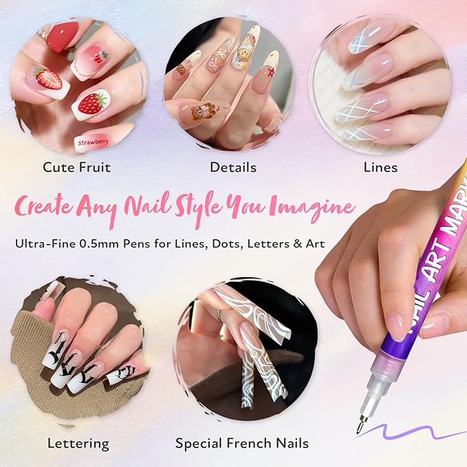 12 Colors Nail Art Pens Set, 2026 New Nail Art Markers with 0.5mm Fine Tip, Waterproof & Quick-Drying Nail Art Pens for Painting Nails, DIY 3D Nail Art Design, Portable Nail Tools for Home Salon
