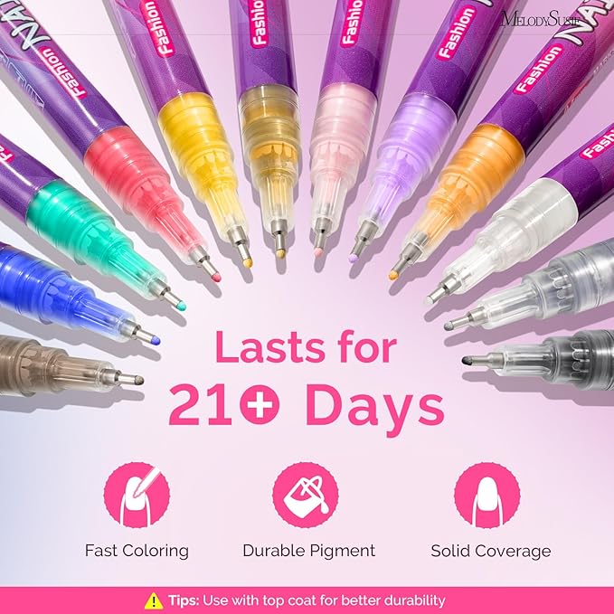 MelodySusie Nail Art Pens Set, 12 Colors 0.5MM Nail Polish Pens for Nail Art, Nail Dotting Tool, Drawing Pen for Nail Design, Manicure Nail Pens for Salon and DIY at Home