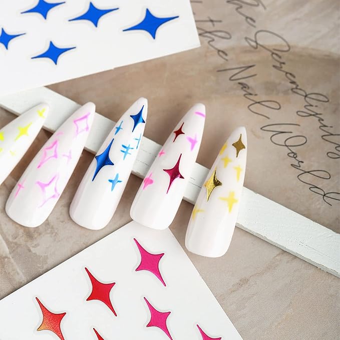 12 Colors Stars Nail Art Stickers, 3D Stars Self-Adhesive Sticker Design, Laser Gold Silver Red Black White Pink Yellow Green Four-Pointed Star Nail Transfer Decals for Women Manicure Decorations