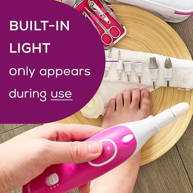 Beurer MP44 Professional Manicure and Pedicure Nail Drill Set, E-File with 7 attachments, LED Light, Electric Nail File with Additional Manual Nail kit, Pink