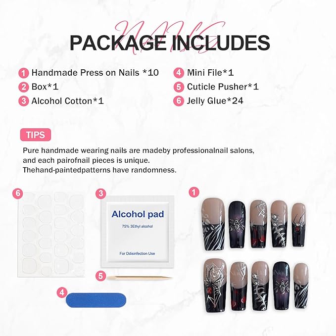 Halloween Handmade Press on Nails Long Square False Nails 3D Spider Designs Full Cover Thick Black French Tip Acrylic Fake Nail Halloween Silver Spider Web Stick on Nail for Women（Size S)