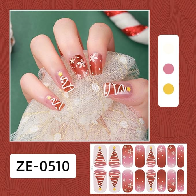 Christmas Nail Wraps Full Stickers Nail Polish Strips, DIY Self-Adhesive Nail Art Decals Snowflakes Xmas Tree Candy Cane Pattern with 5 Piece Nail Files for Party Decor 5Sheets 80Pcs