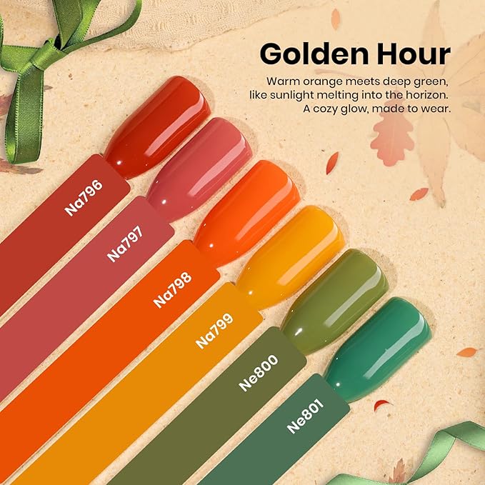 Beetles Hema-Free Gel Polish Set – 6PCS 15ML Golden Hour Hema Free Gel Nail Polish Set, Burgundy Orange Dark Red Green Color Matching Bottles Soak Off UV LED DIY Home Salon Gift for Women
